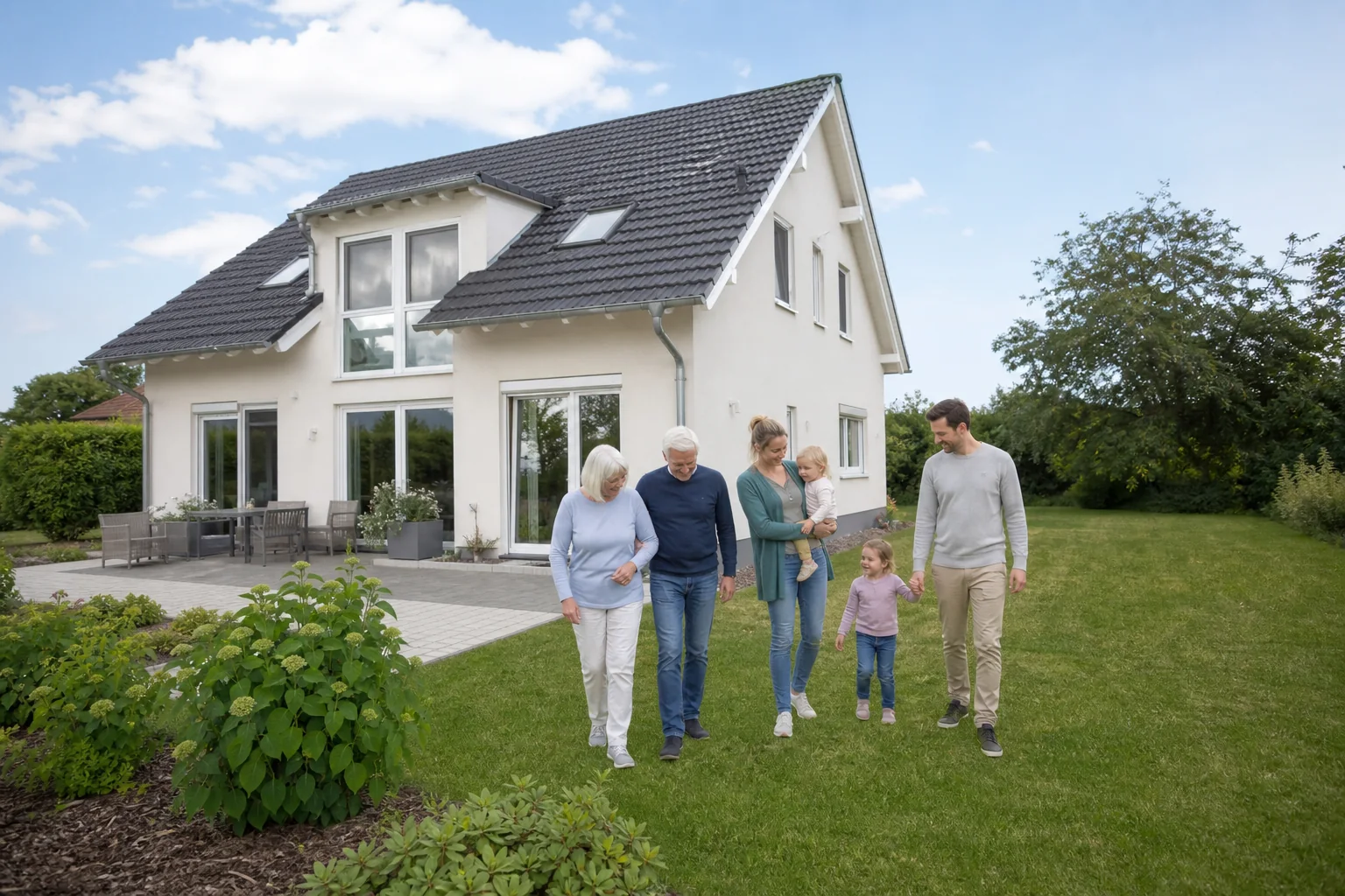 Familie verschiedener Altersstufen vor einem deutschen Wohnhaus
